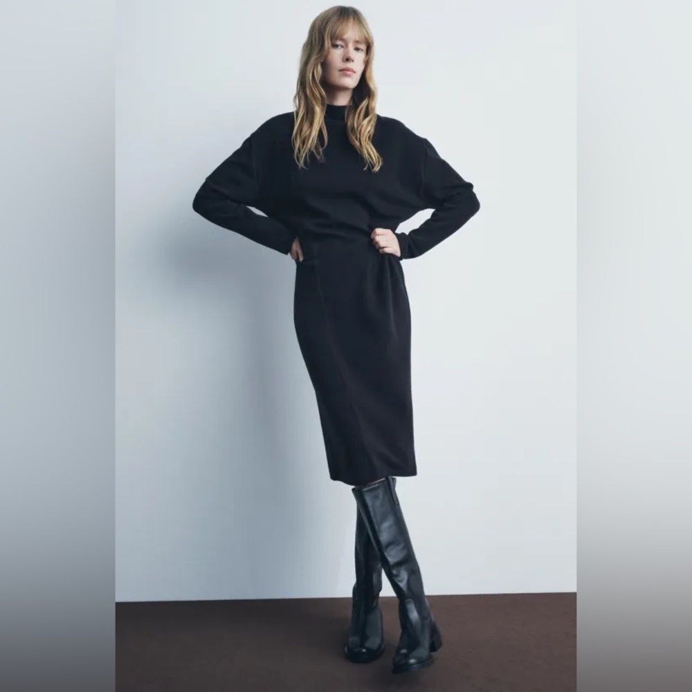 Zara black mock neck long sleeve midi dress